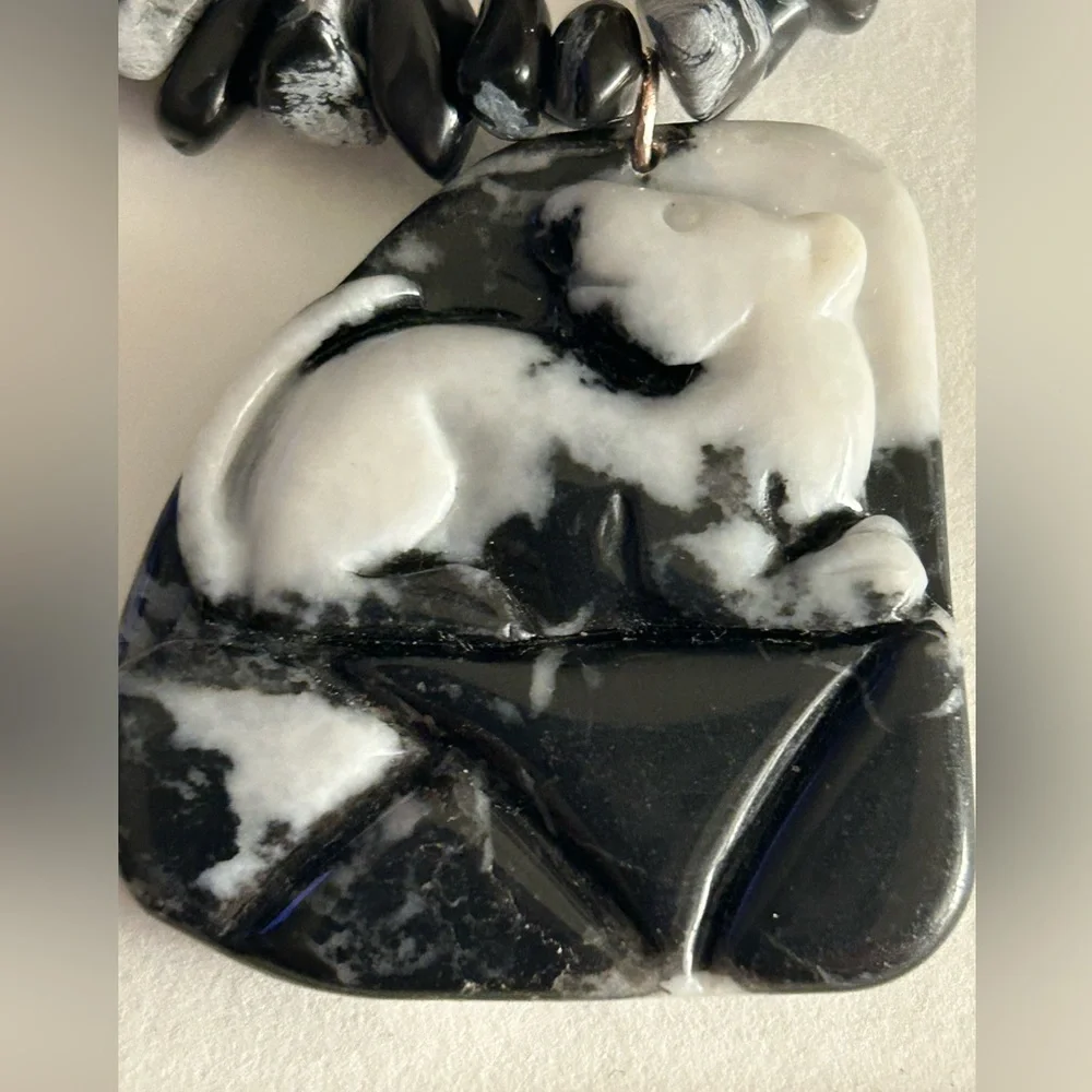 Vintage Necklace Lion Cub hand-carved Jasper stone, Snowflake Obsidian beads